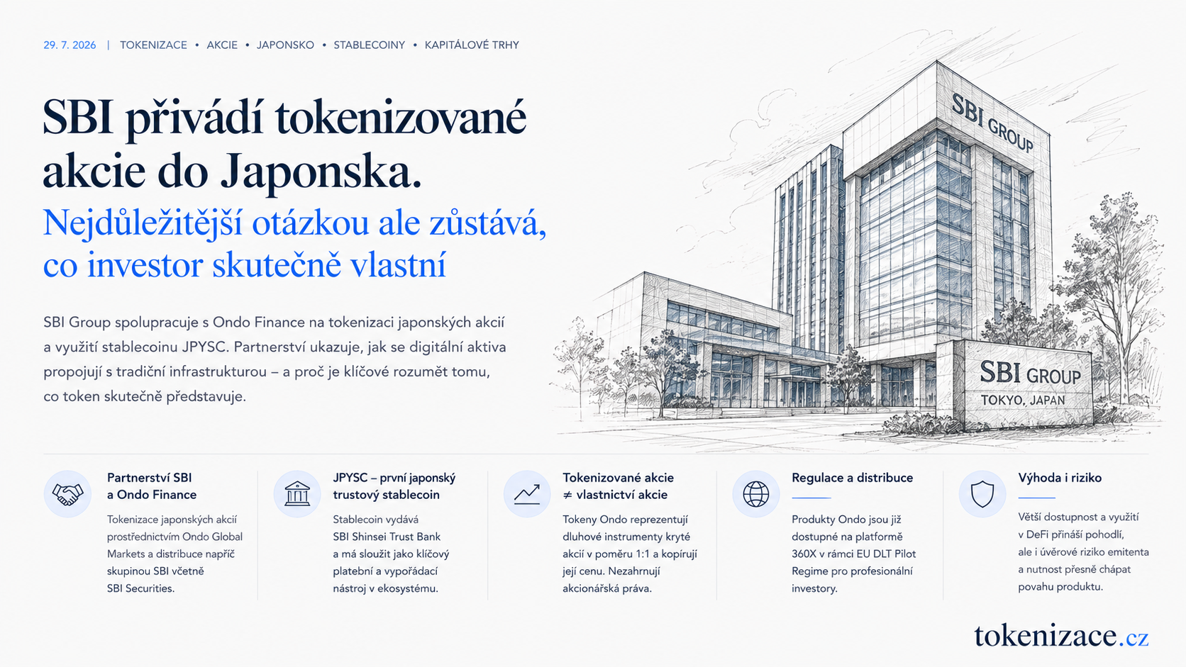 SBI přivádí tokenizované akcie do Japonska. Nejdůležitější otázkou ale zůstává, co investor skutečně vlastní